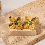 Load image into Gallery viewer, 18k Green Stone Floral Stud Earrings
