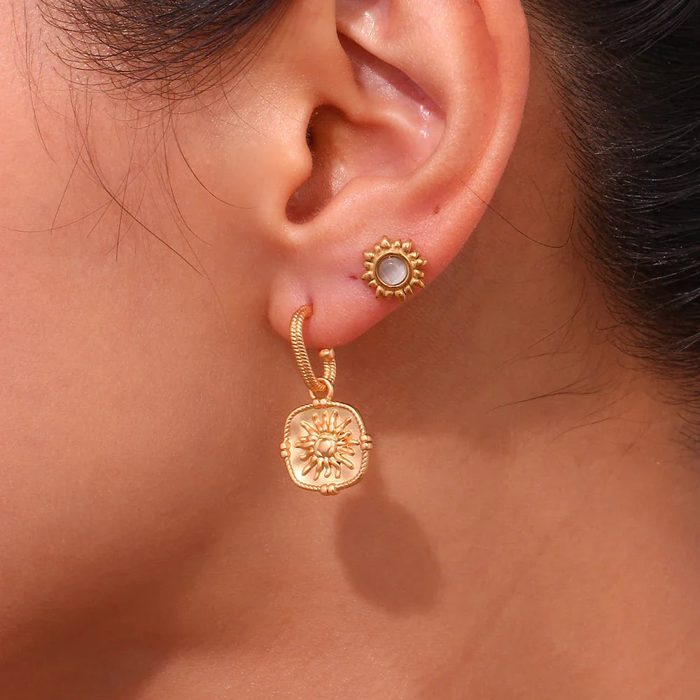 Dainty sun charm textured earring
