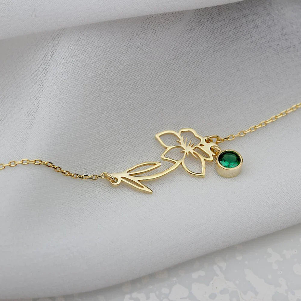 Dainty Birth Flower & Birthstone Chain Bracelet