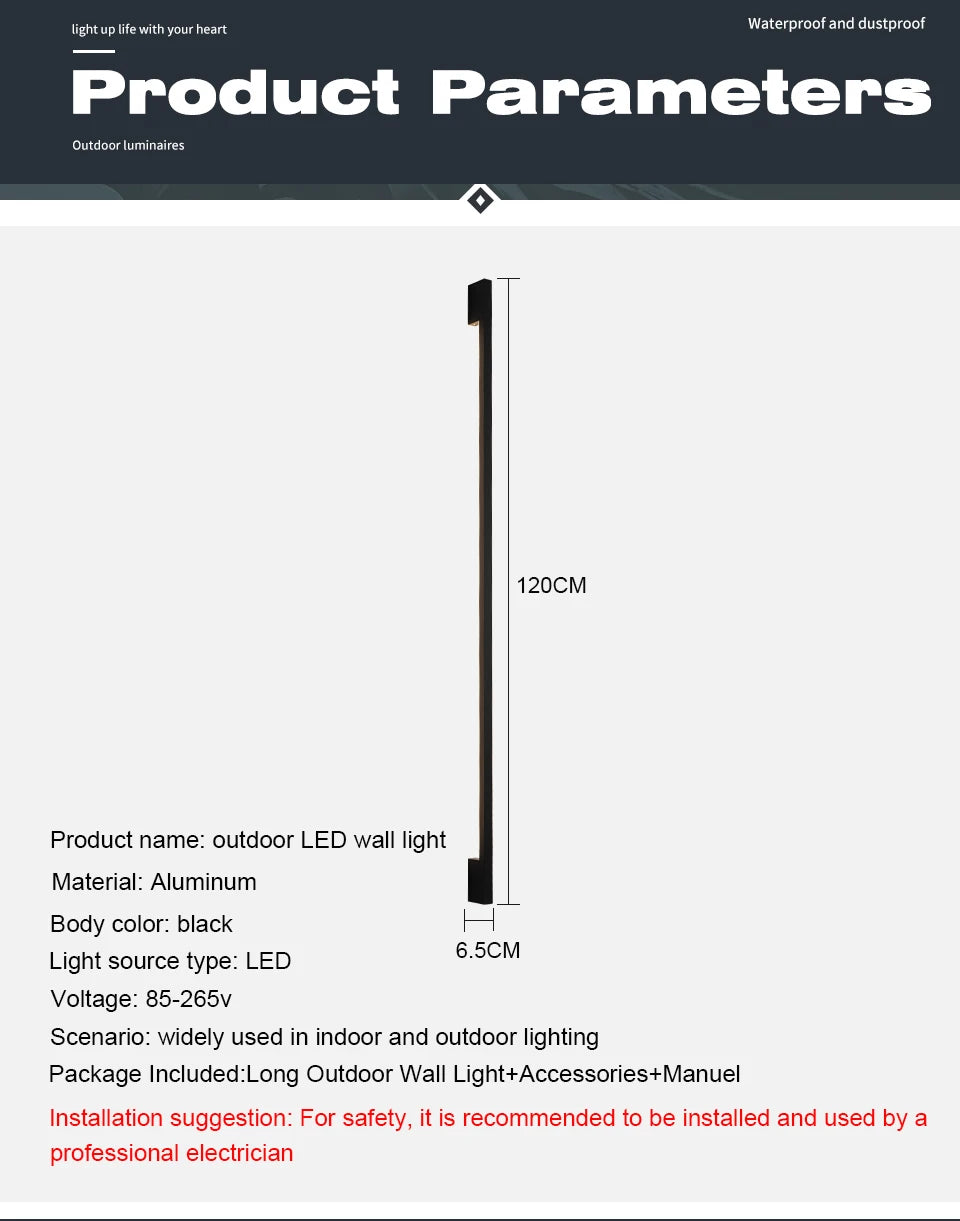 Black Minimalist Long Strip Outdoor LED Wall Sconce