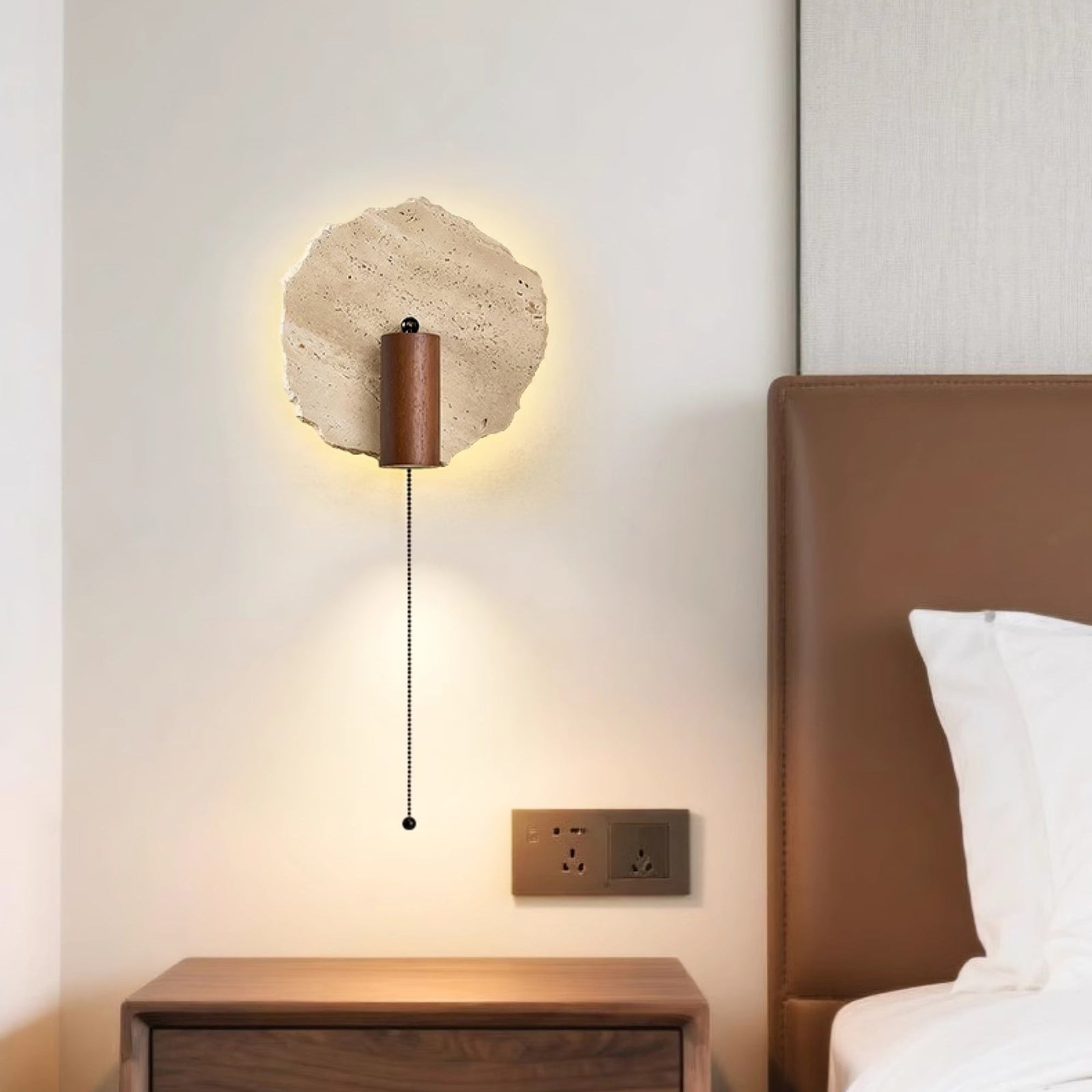 Nøordka Light Bespoke Wall Light Fixture Travertine Contemporary Walnut Accent Wall Light