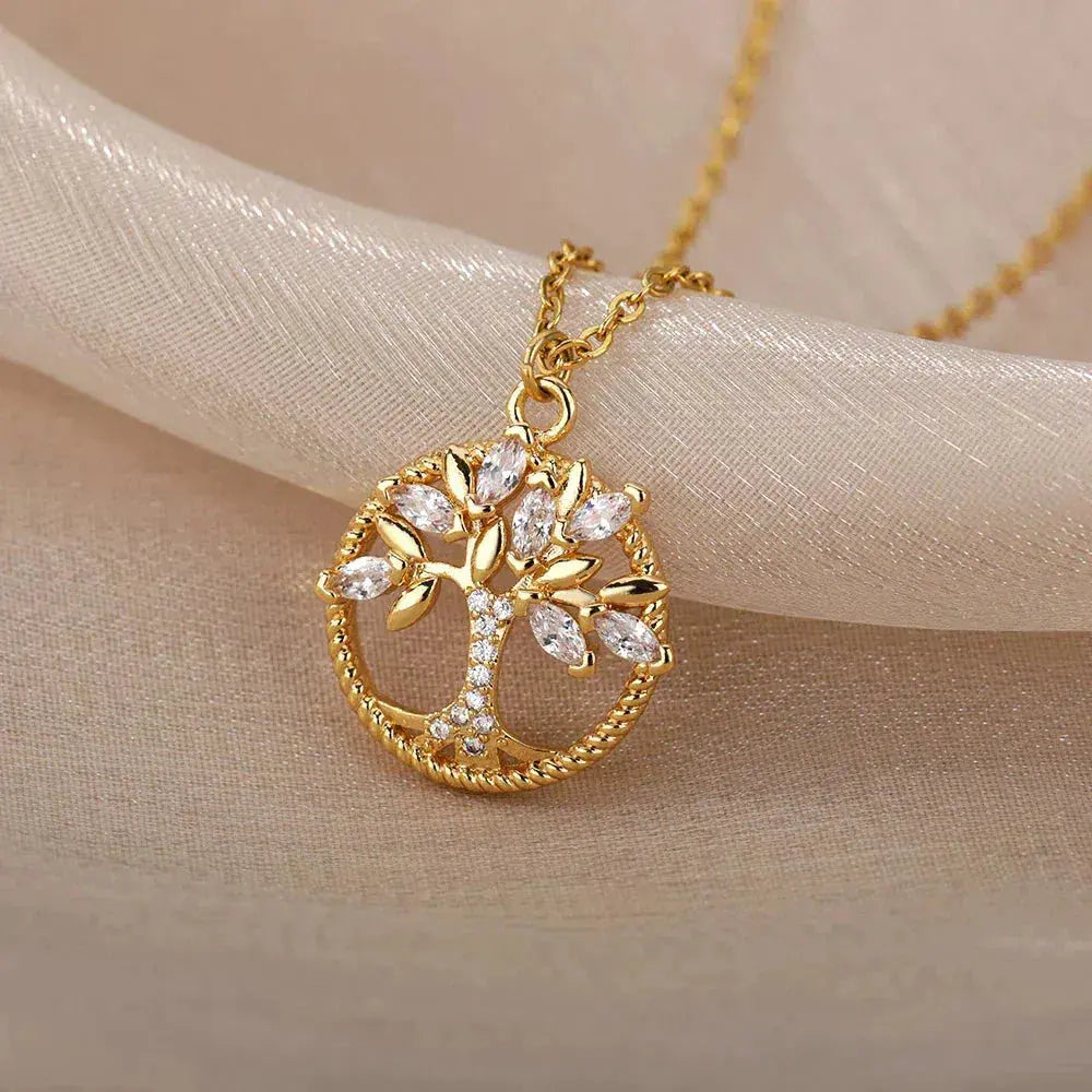 Dainty Zirconia Tree of Life Necklace in Gold