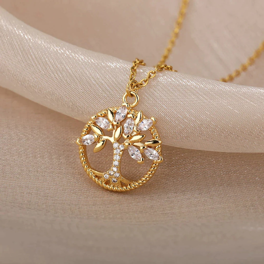 Dainty Crystal Tree of Life Pendant Necklace in Gold