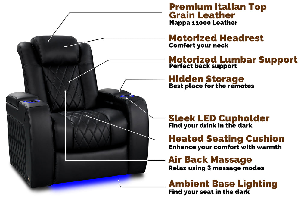 Tuscany Heat & Massage Leather Home Theater Seating with Power Headrest & Cup Holder