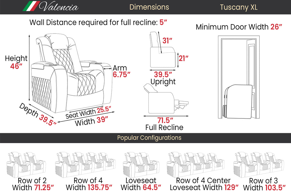 Tuscany XL Ultimate Leather Home Theater Seating with Power Headrest & Cup Holder