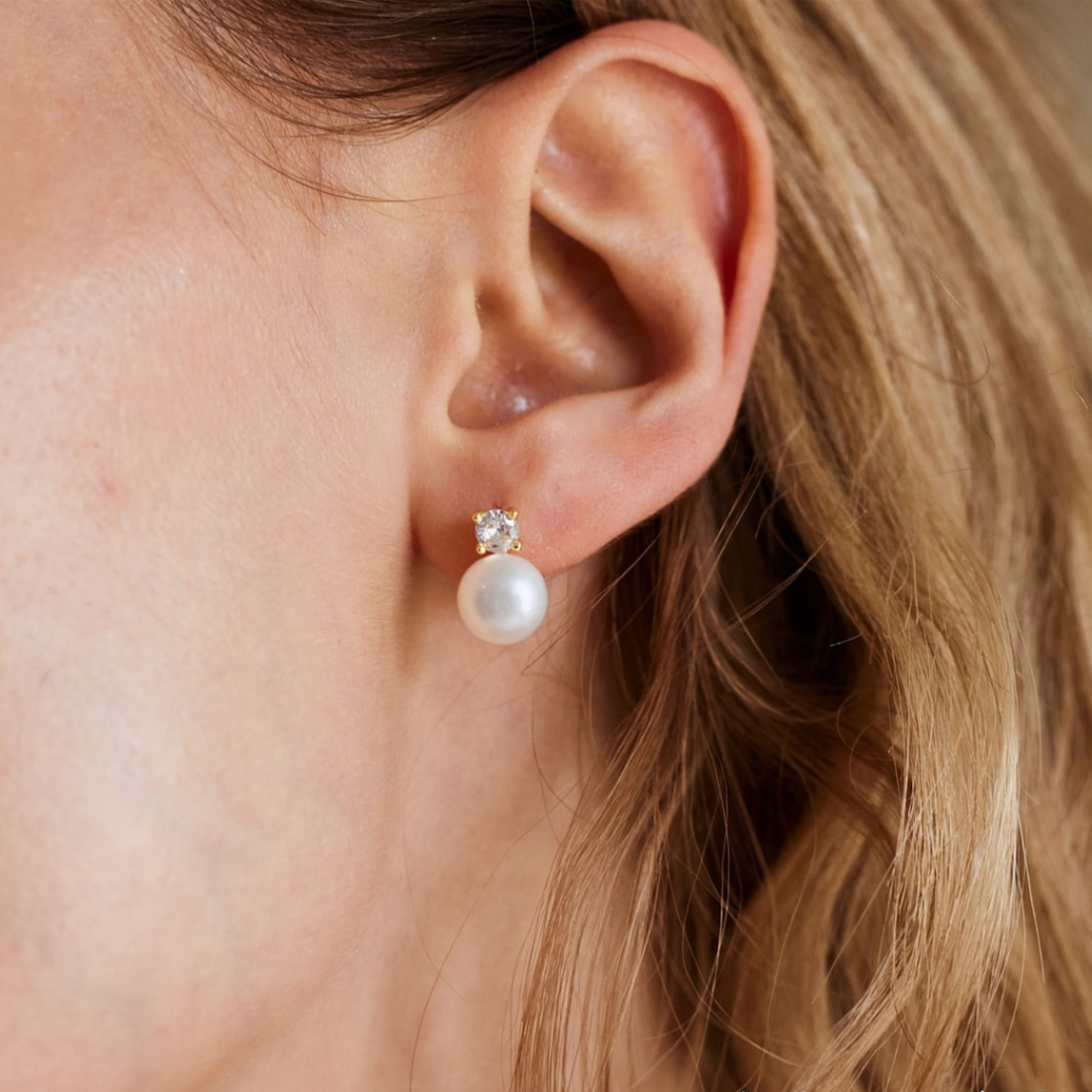 Pearl Stud Earrings Dainty CZ Earrings