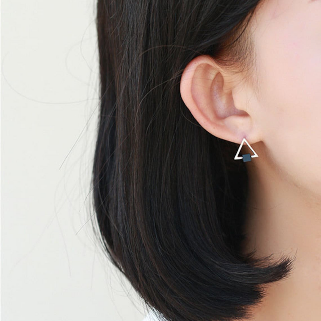 Geometric Triangle Black Cube Earrings