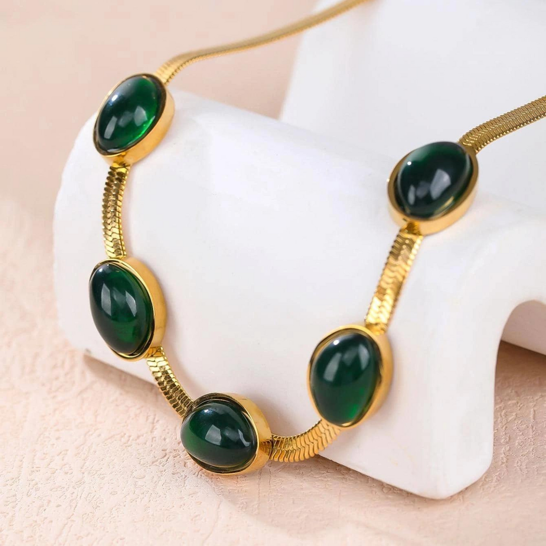 Vintage Jade Stone Inlay Choker and Bracelet Set