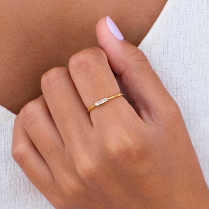 Tiny Baguette Dainty Round CZ Ring