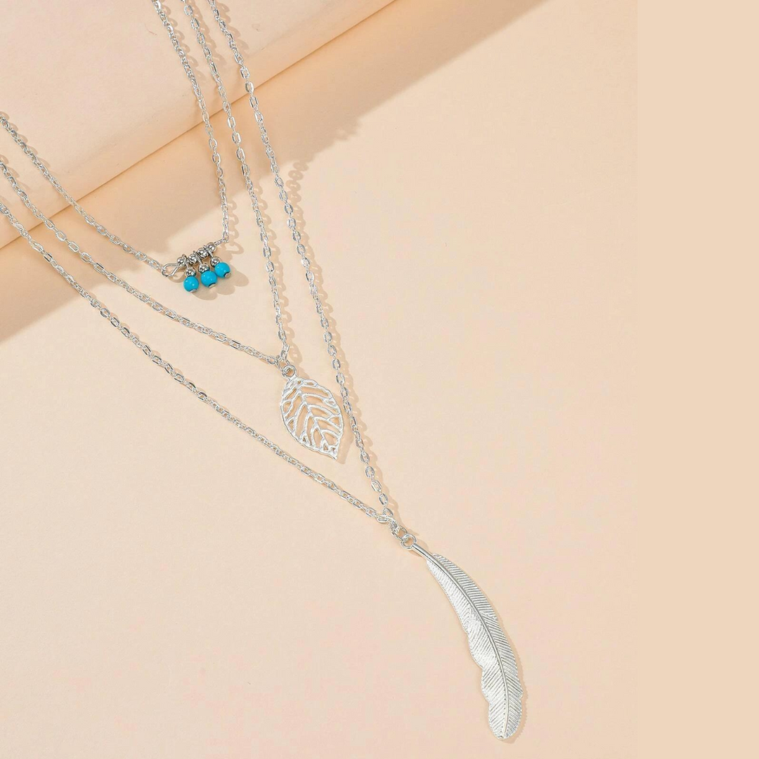 Leaf & Feather Pendant 3 Layer Necklace
