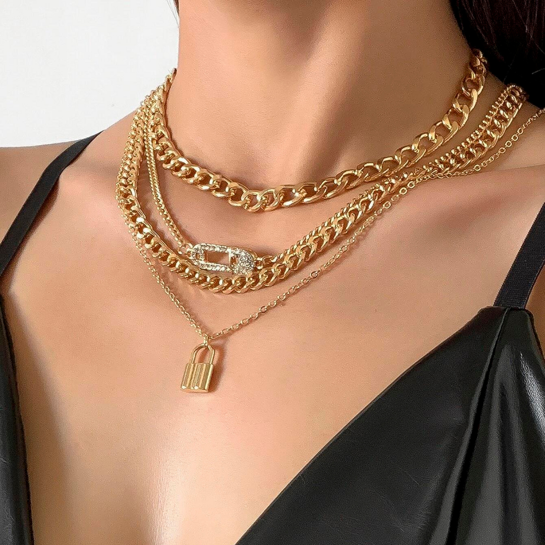 4 Piece Chain Necklace Set Retro Lock Pin Chain Set