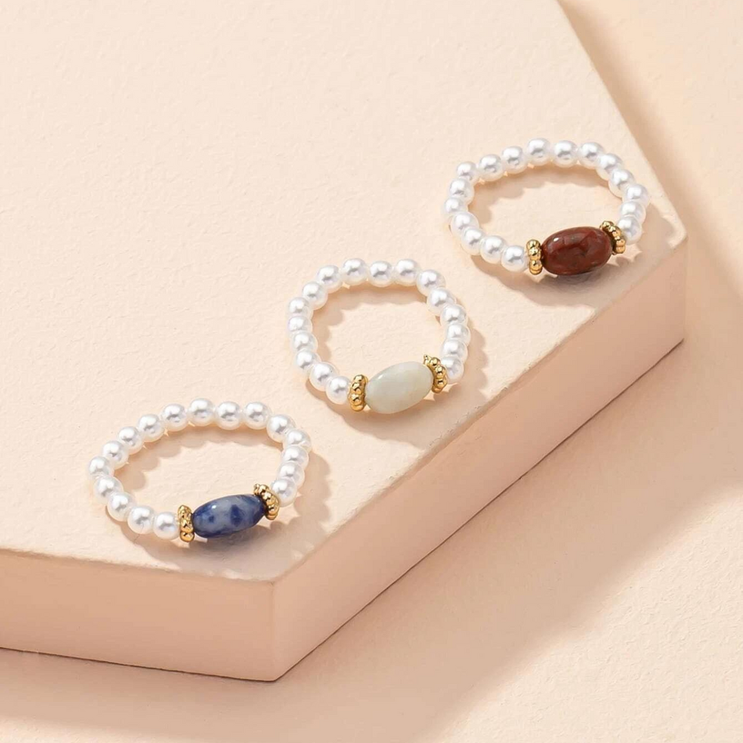 Boho Natural Stone & Pearl Stretch Rings