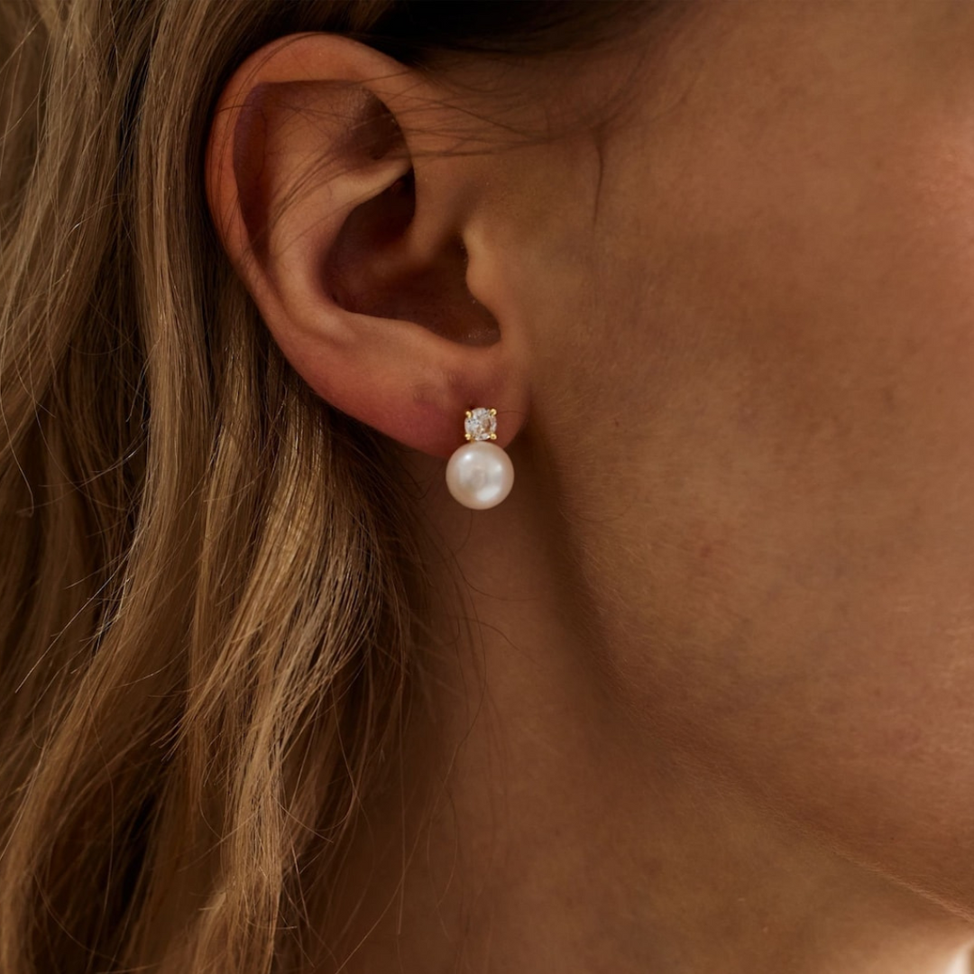 Pearl Stud Earrings Dainty CZ Earrings