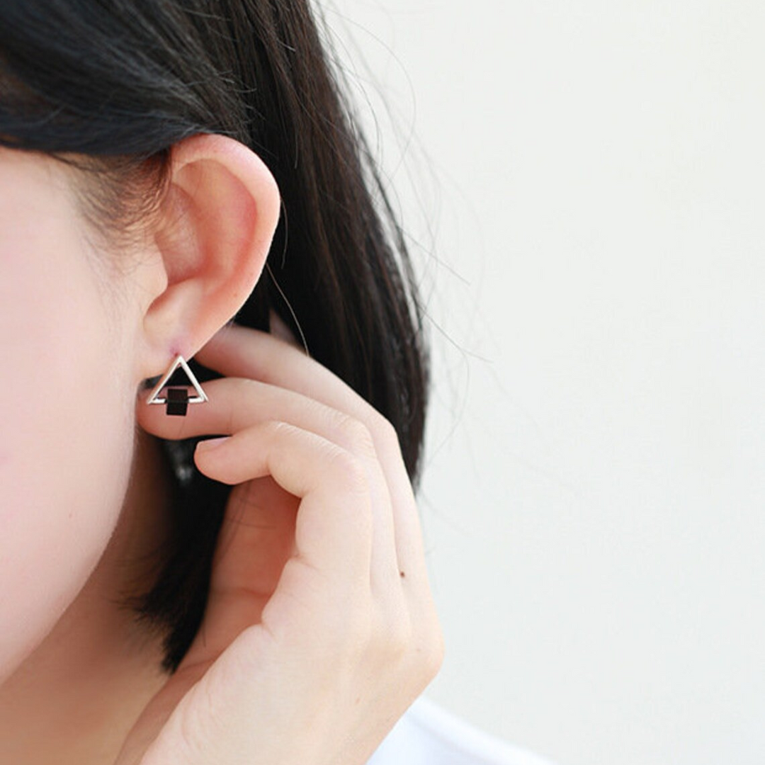 Geometric Triangle Black Cube Earrings