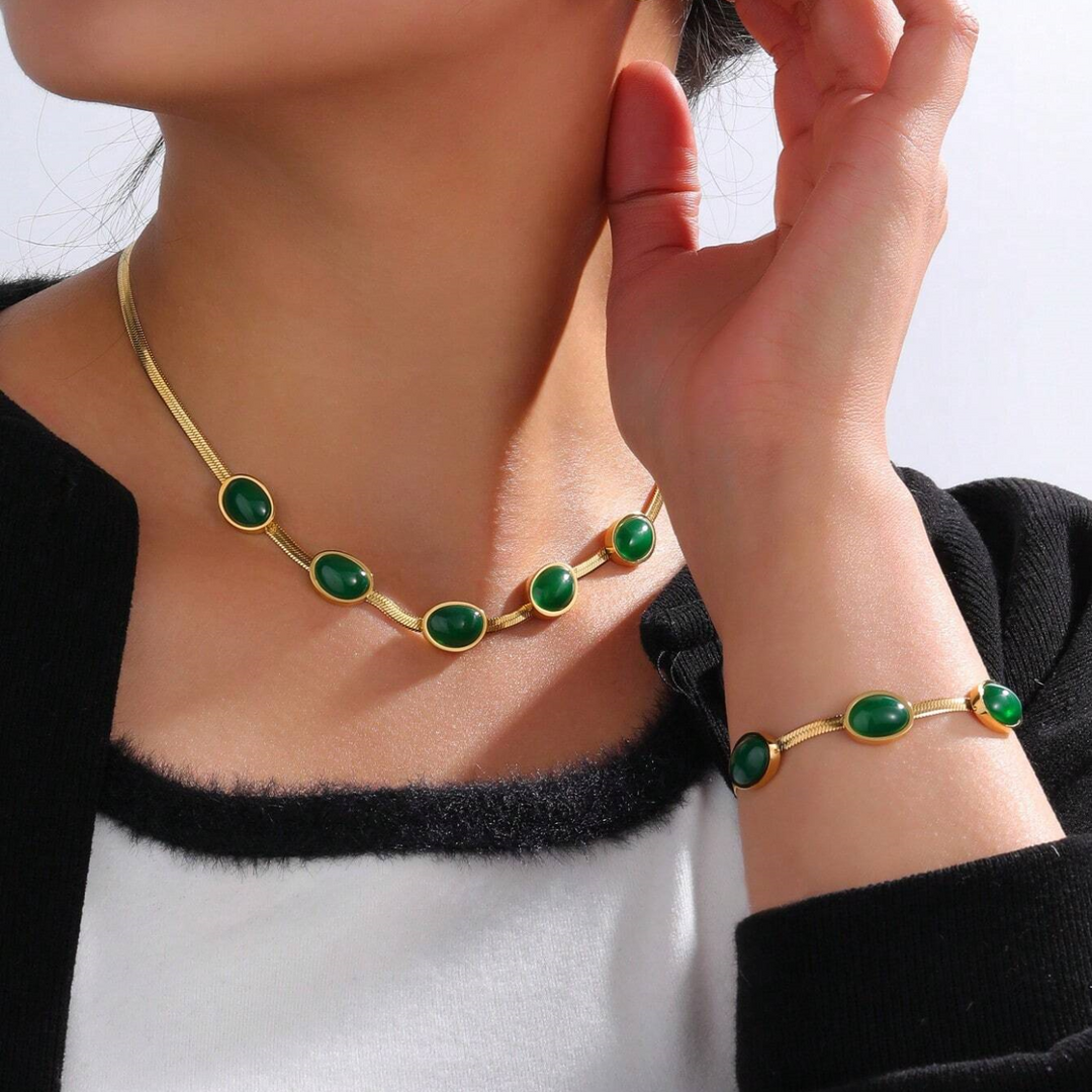 Vintage Jade Stone Inlay Choker and Bracelet Set