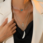 Load image into Gallery viewer, Leaf &amp; Feather Pendant 3 Layer Necklace
