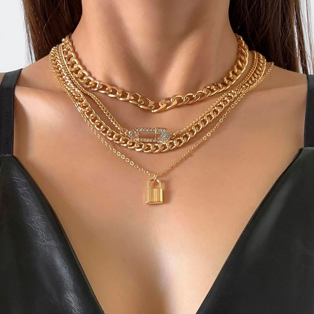 4 Piece Chain Necklace Set Retro Lock Pin Chain Set
