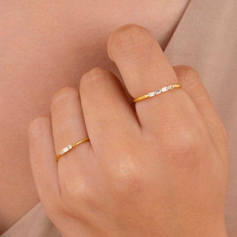 Tiny Baguette Dainty Round CZ Ring