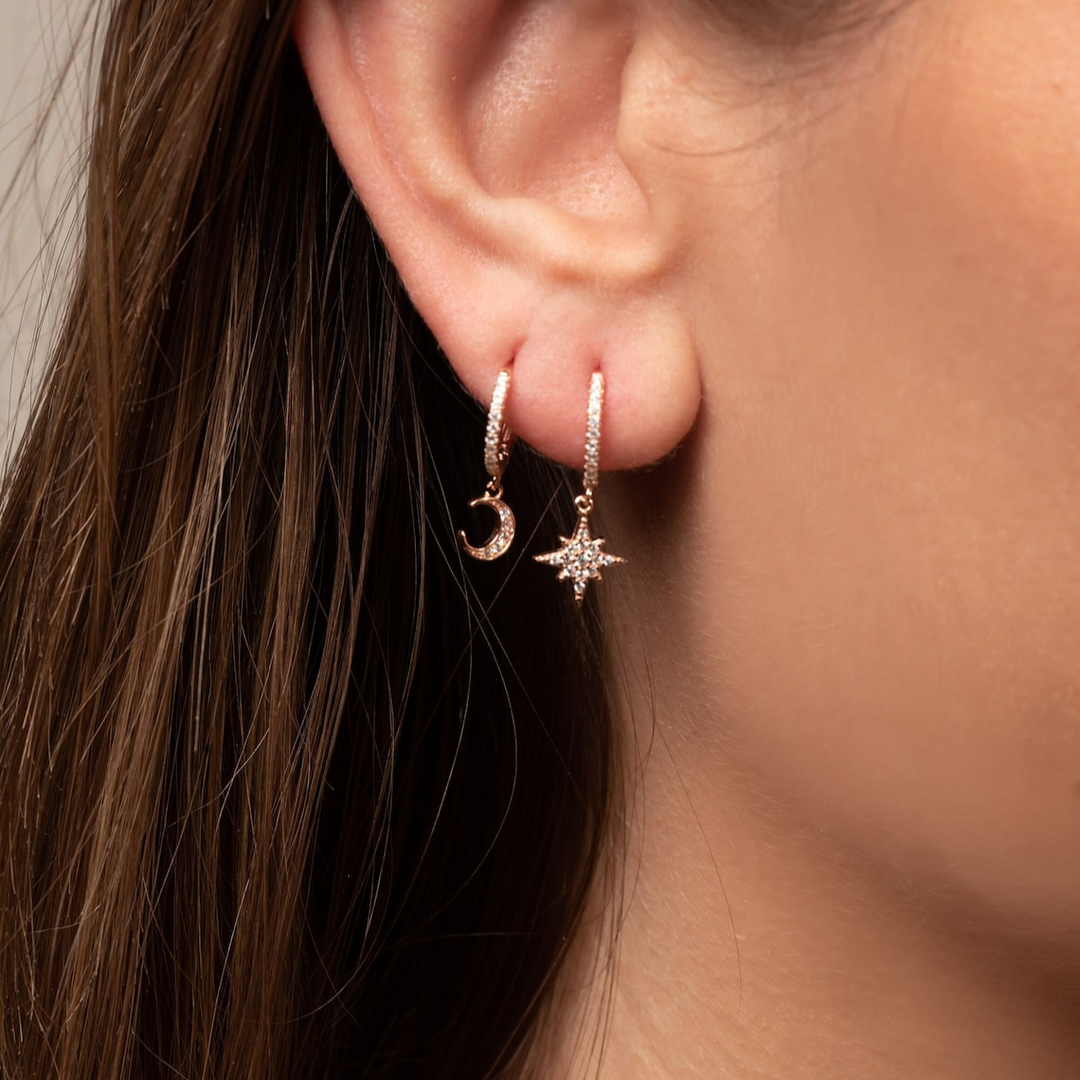 Star & Moon Earrings Inlay Rhinestone Huggies