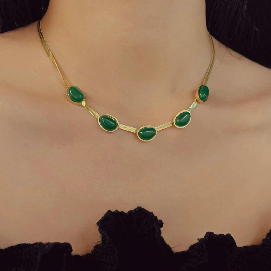 Vintage Jade Stone Inlay Choker and Bracelet Set