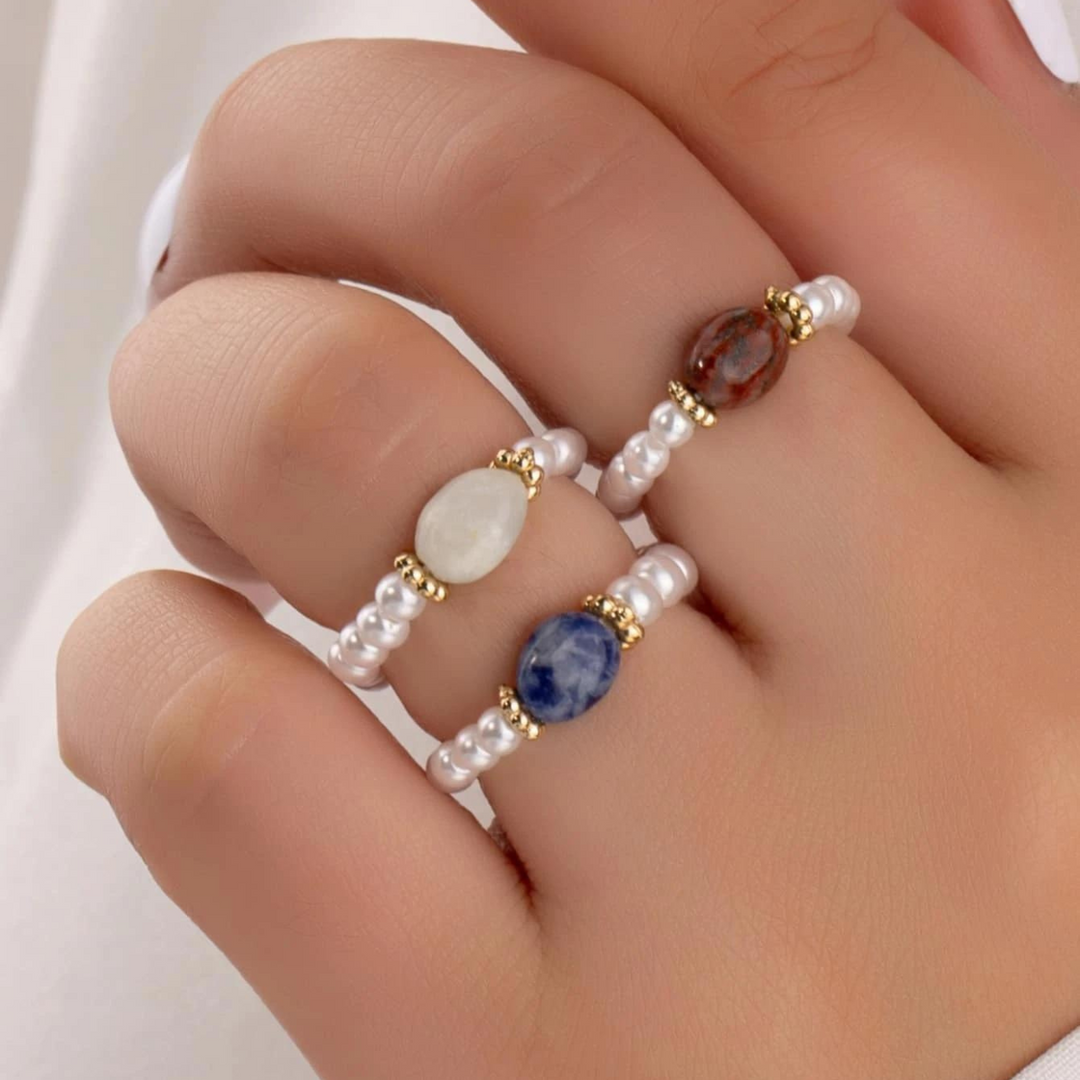 Boho Natural Stone & Pearl Stretch Rings