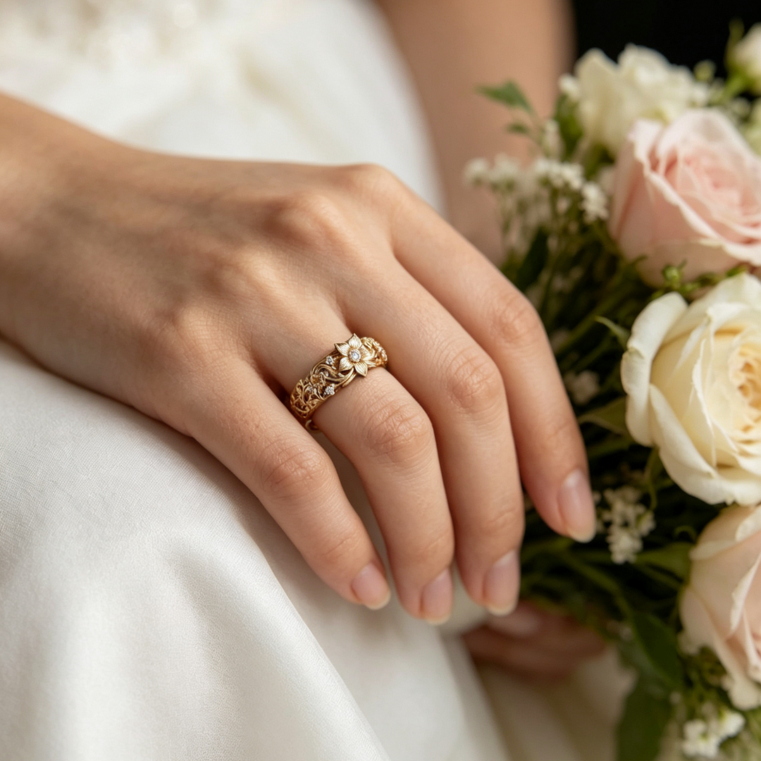 Diamond Wedding Ring with Vintage Floral Design in Gold
