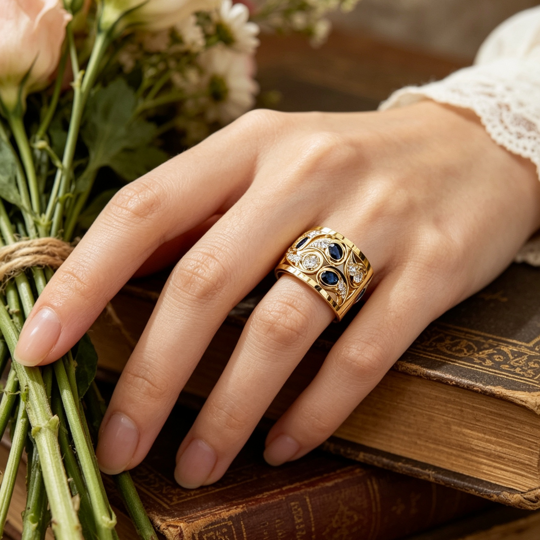 Vintage Zirconia Ring With Blue Oval Stones and Wide Gold Band