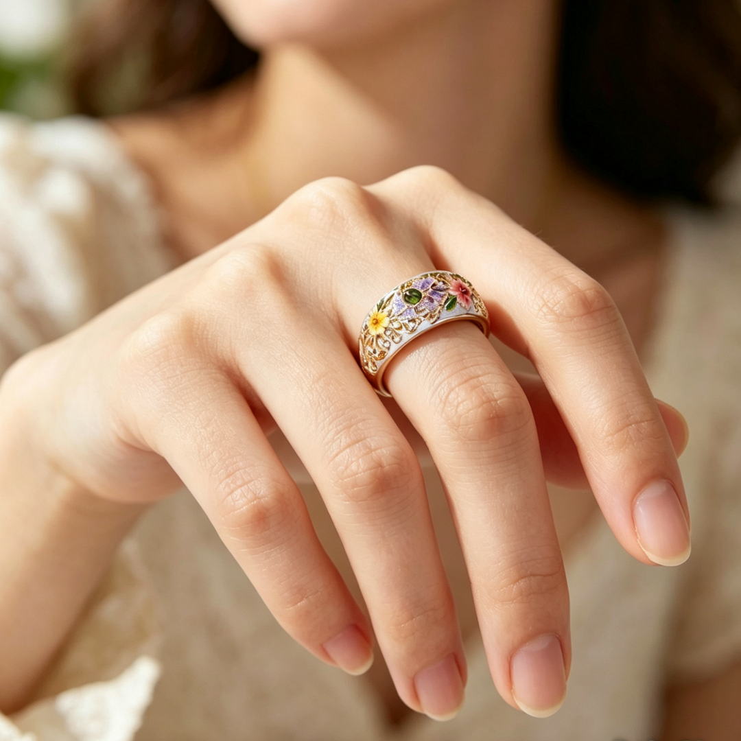 Statement Ring With Colorful Vintage Enamel Flowers in Gold
