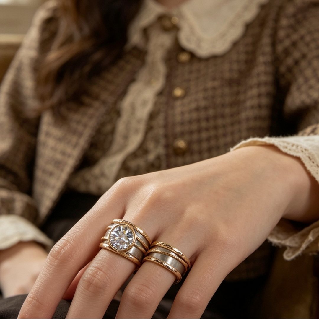 Glass Ring With Bezel-Set Stone and Stacked Two-Tone Band