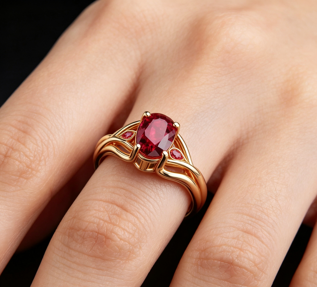 Crystal Ring With Oval Red Stone in Gold