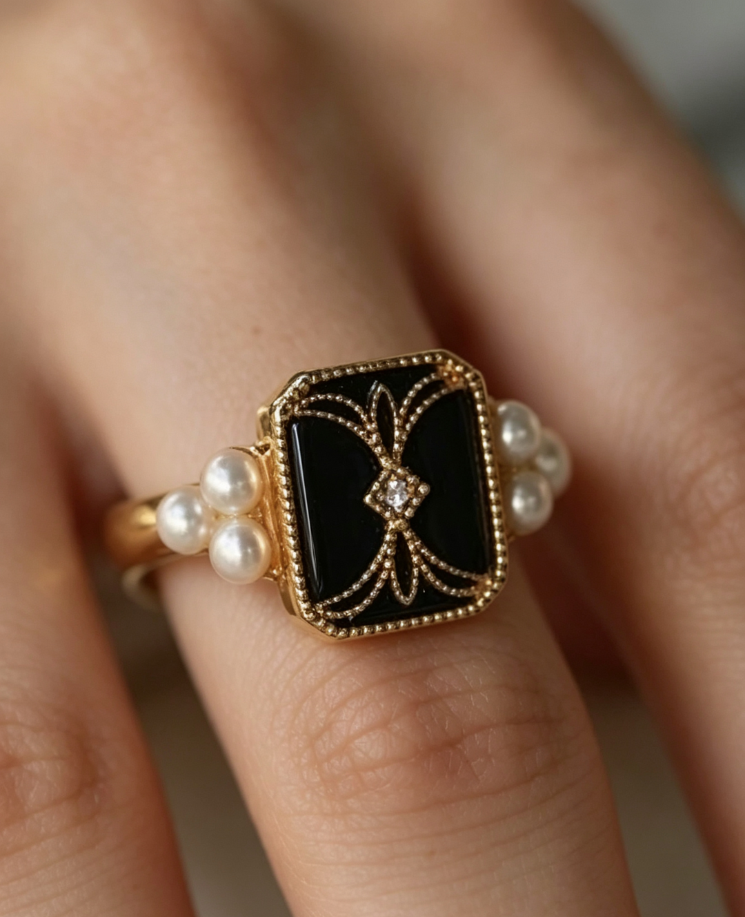 Pearl Ring with Black Stone and Vintage Filigree in Gold