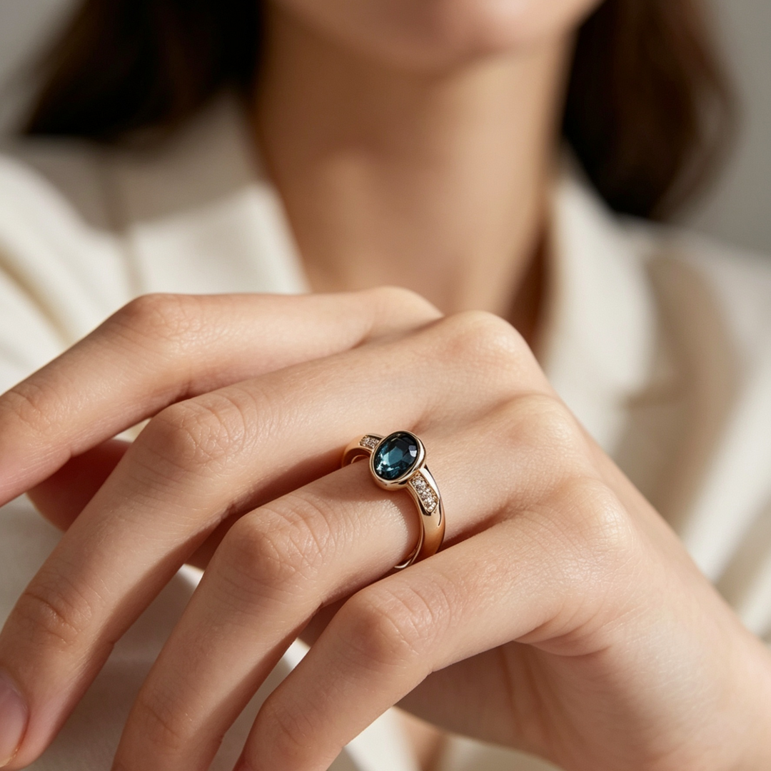 Crystal Ring with Bezel-Set Oval Blue Stone in Gold