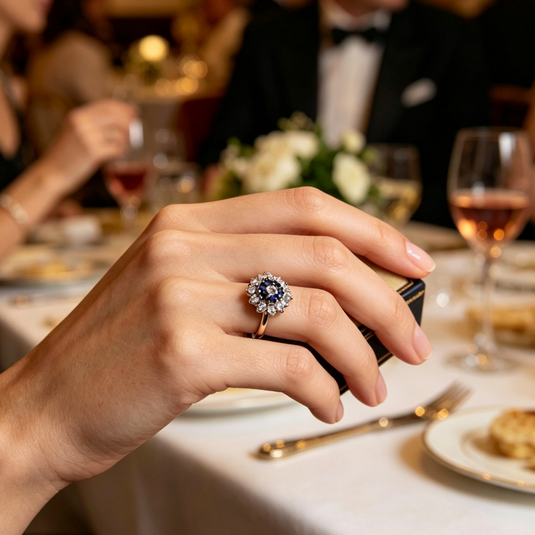 Crystal Ring With Vintage Halo and Blue Center Stone in Gold
