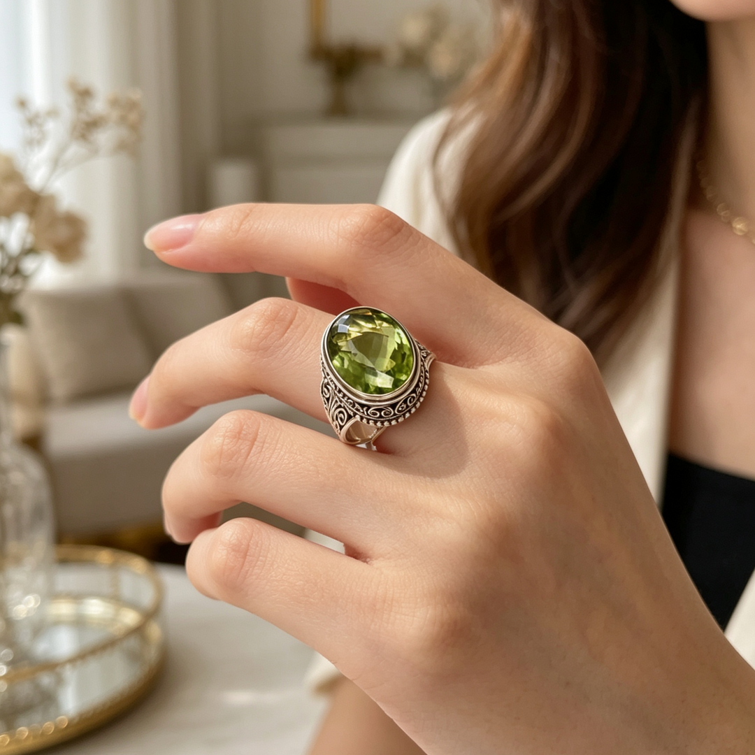 Crystal Ring With Oval Olive Stone and Vintage Filigree in Silver