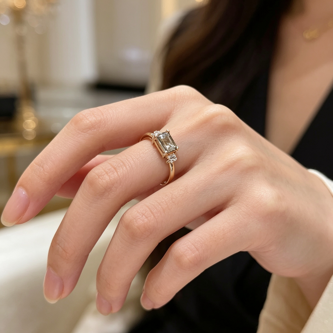 Zirconia Ring With Emerald-Cut Center Stone on Dainty Gold Band