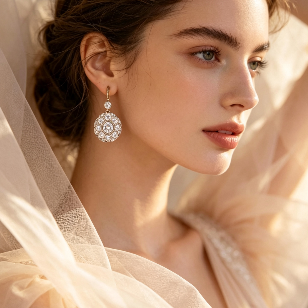 Crystal Earrings with Vintage Mandala Drops in Gold