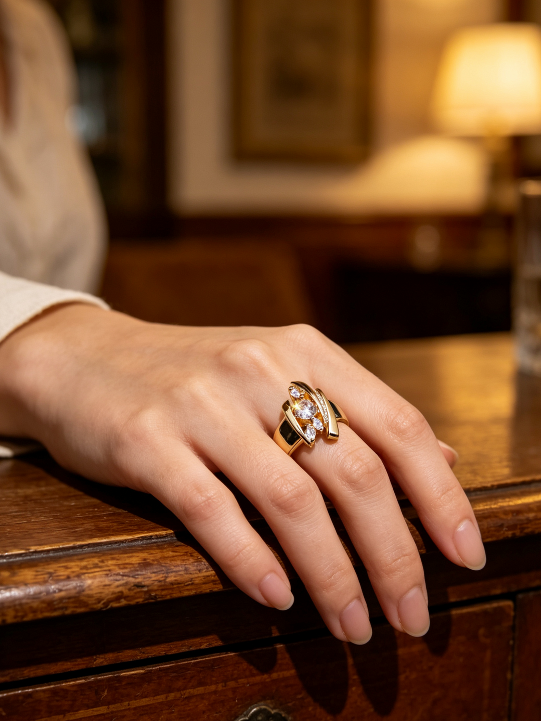 Zirconia Ring with Stone Cluster on Crossed Gold Bands