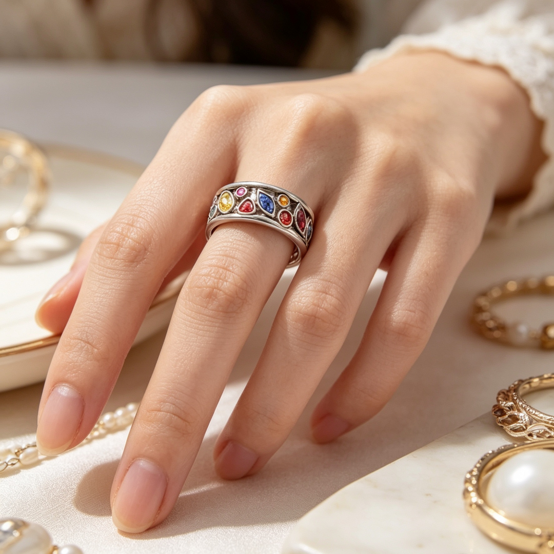 Zirconia Ring with Colorful Bezel-Set Stones in Silver