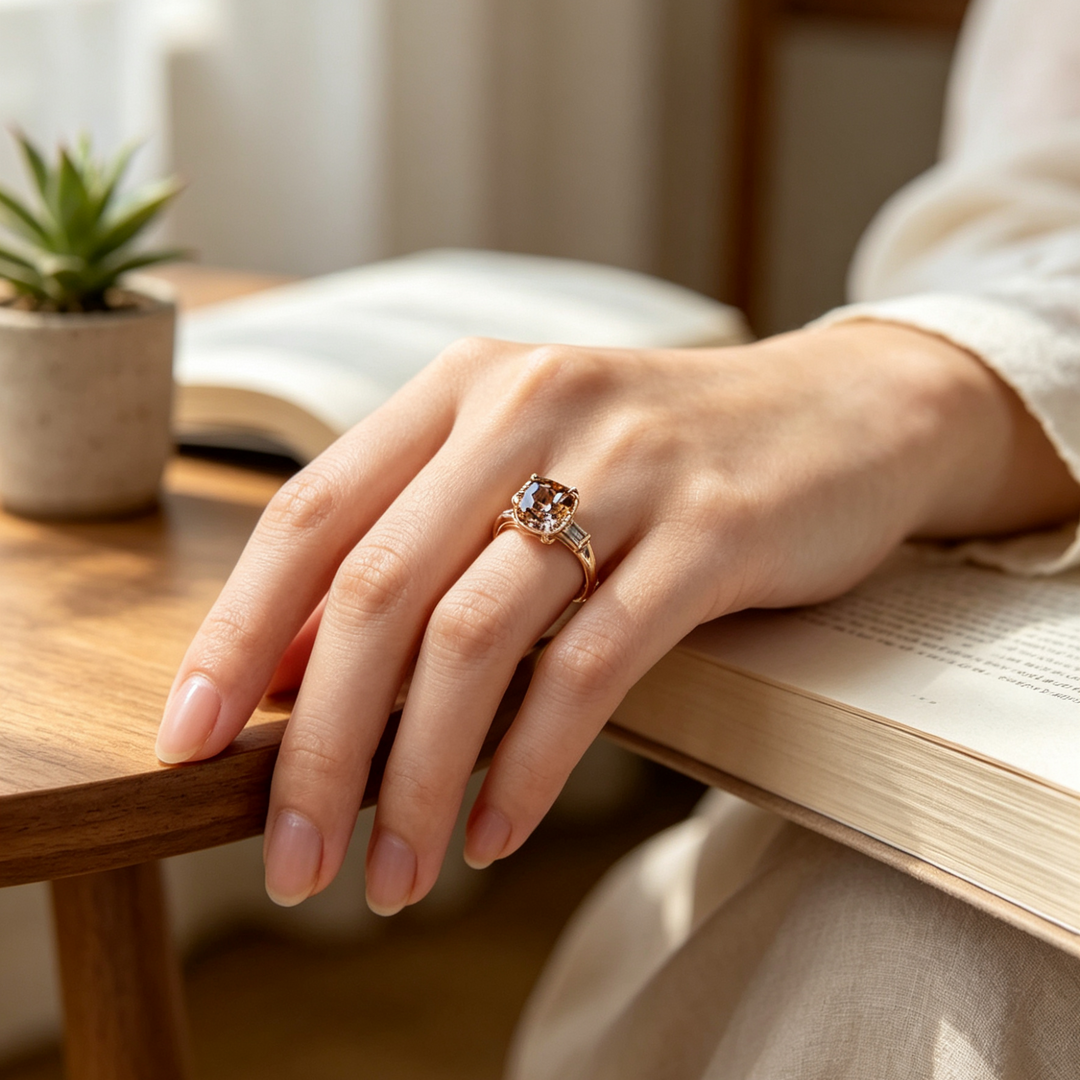 Zirconia Ring with Champagne Cushion-Cut Stone in Gold
