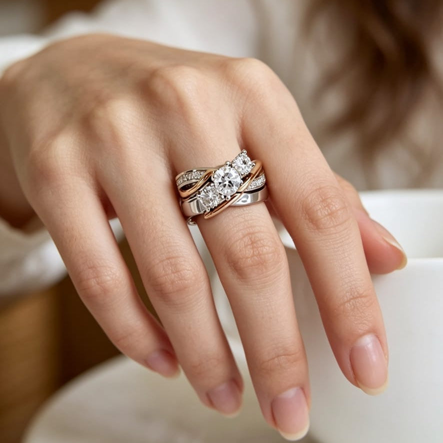 Zirconia Ring with Three-Stone Crossover Band in Gold and Silver