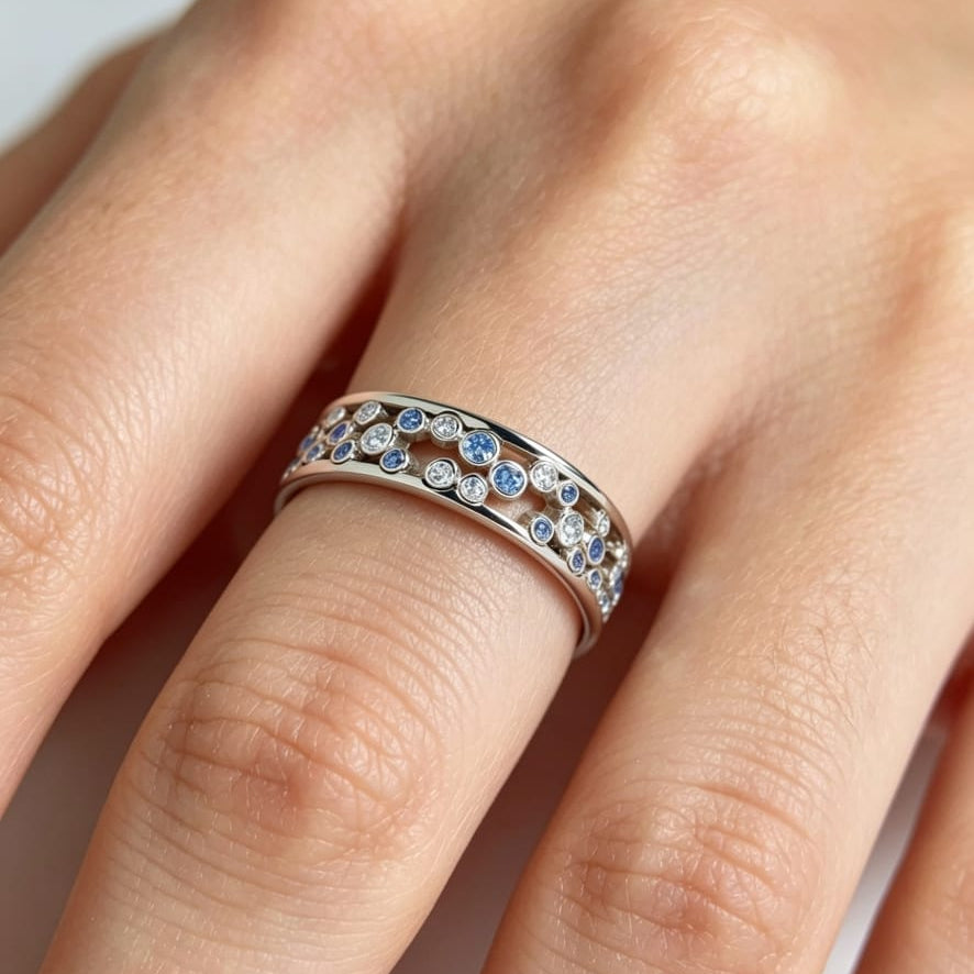 Zirconia Ring with Floating Blue and Clear Stones in Silver