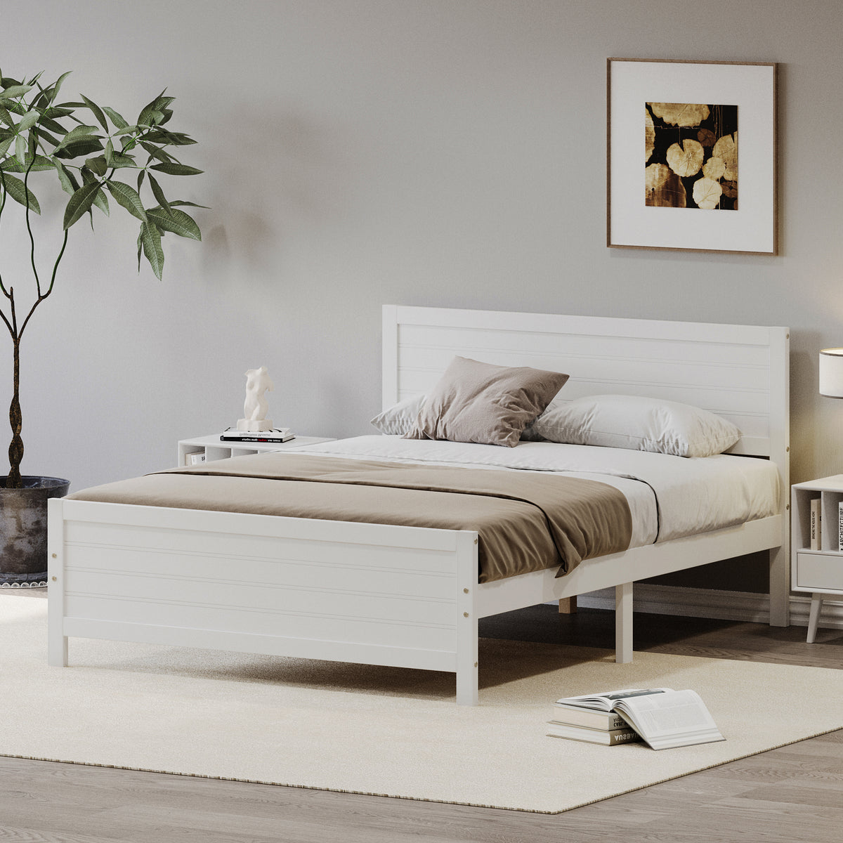 Queen Size Bed with Solid Wood Frame in White