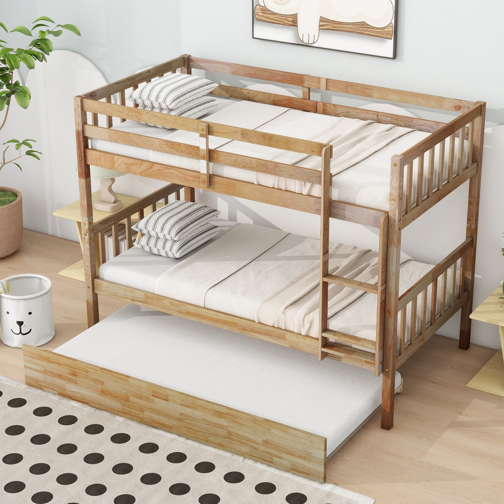 Twin Over Twin Rubberwood Bunk Bed with Trundle, Convertible Design in Natural Tones