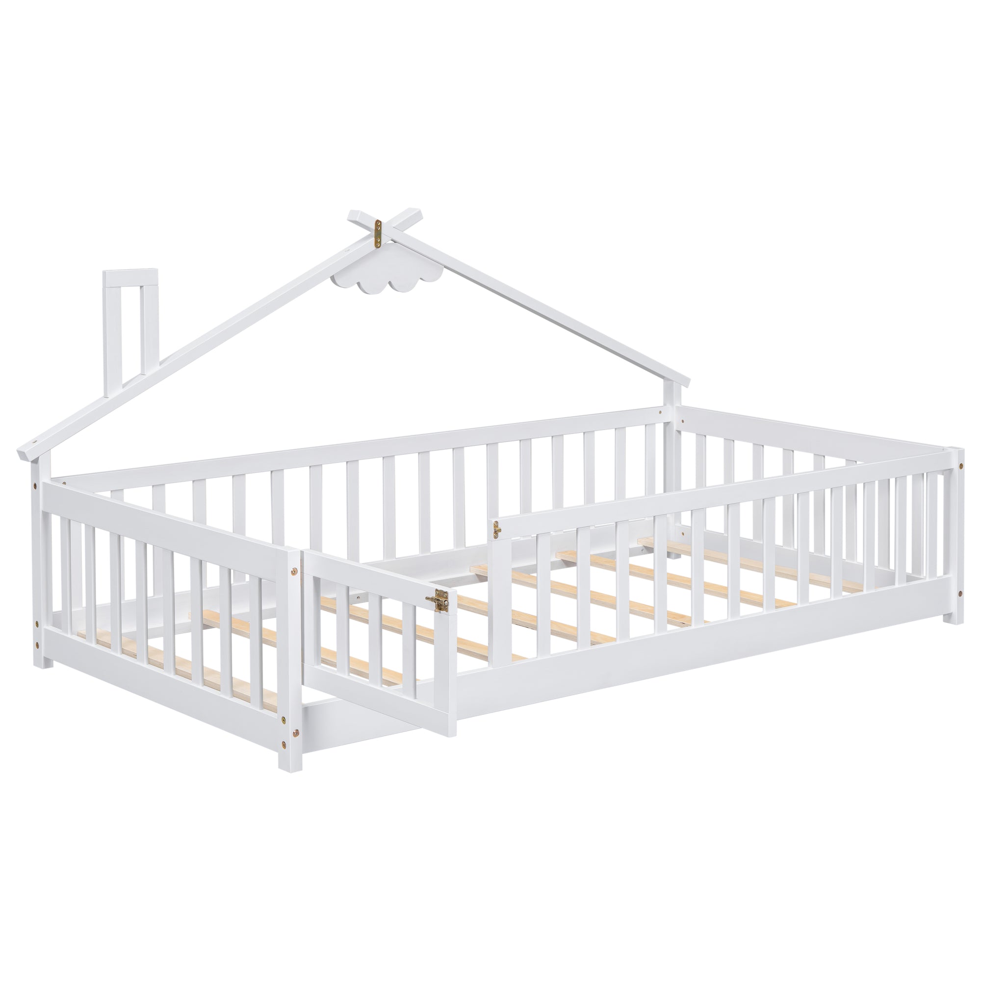 Twin House-Shaped Bedside Toddler Floor Bed with Guardrails, Slats & Door