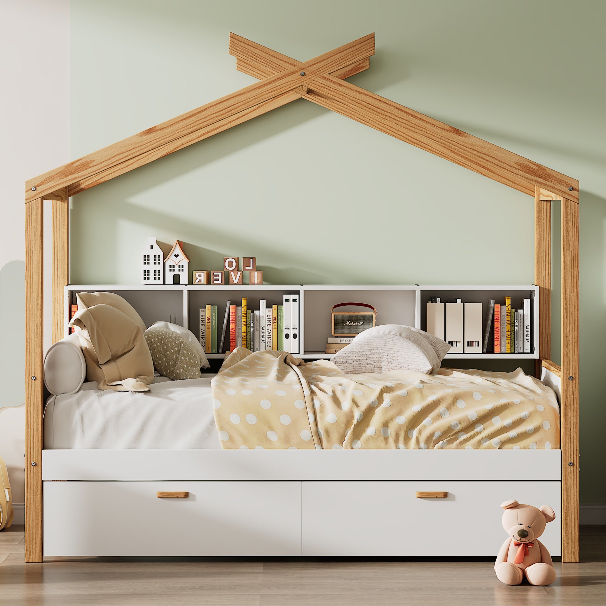 Full-Size House Bed with Storage Drawers and Bookshelves