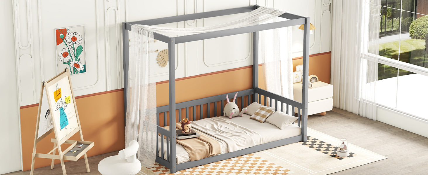 Gray Twin Size Canopy Frame Floor Bed with Fence and Guardrails