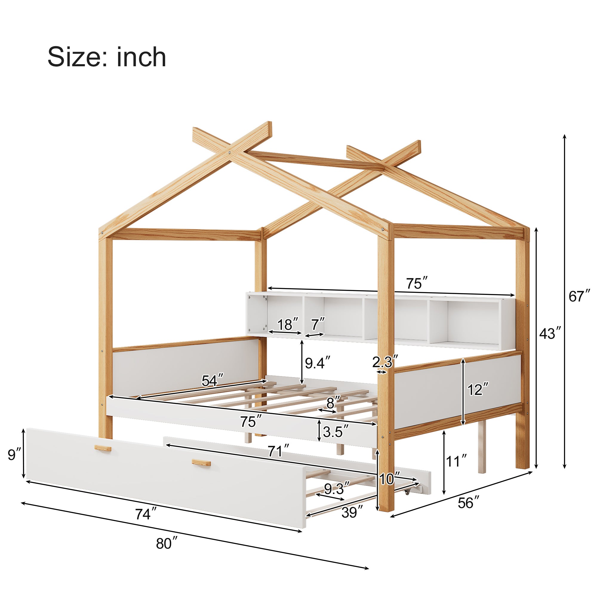 White and Natural Tone Full House Bed with Trundle and Bookshelf Storage