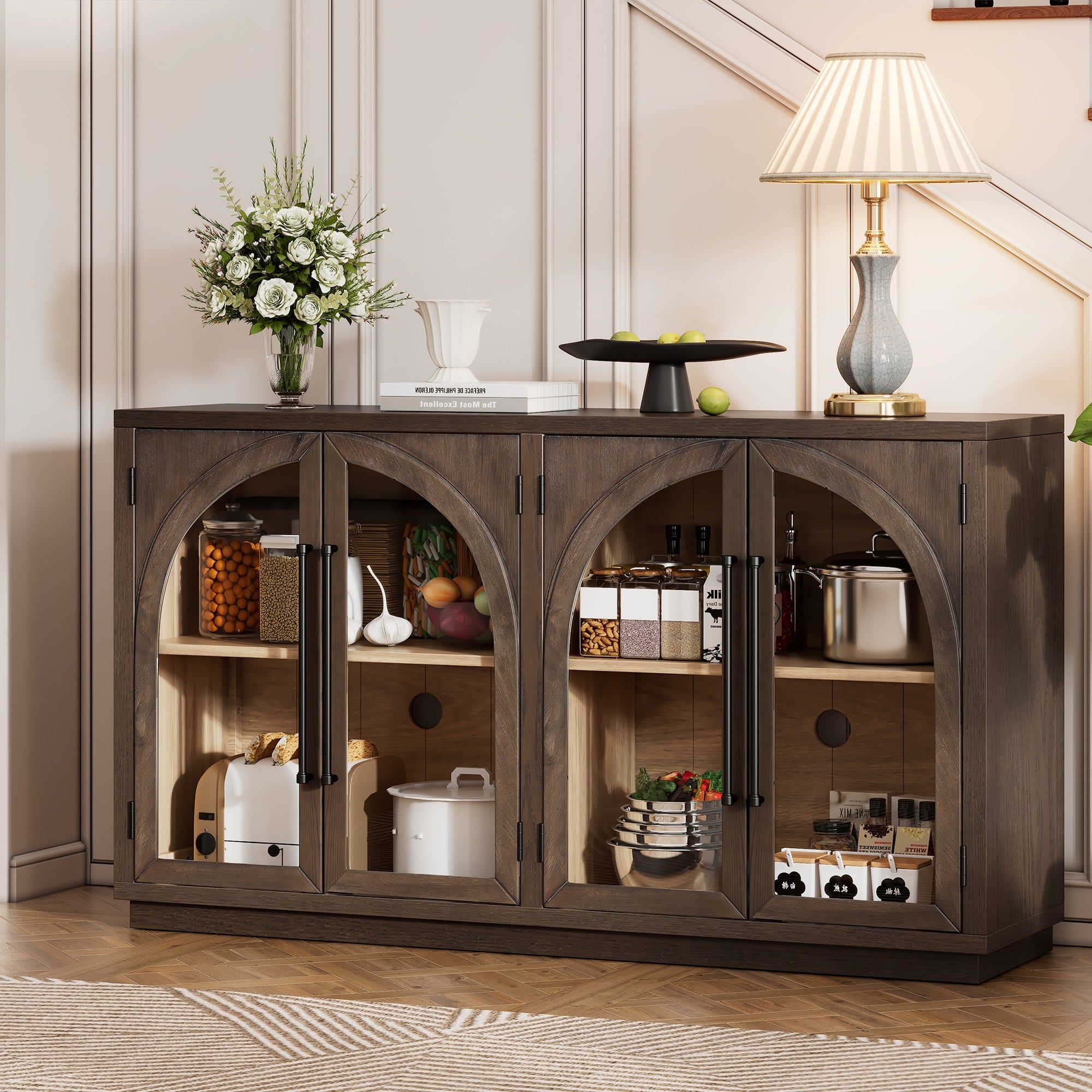 Large 4-Door Storage Sideboard Buffet Cabinet with Glass Doors and Adjustable Shelves for Kitchen Dining Room and Living Room In Espresso