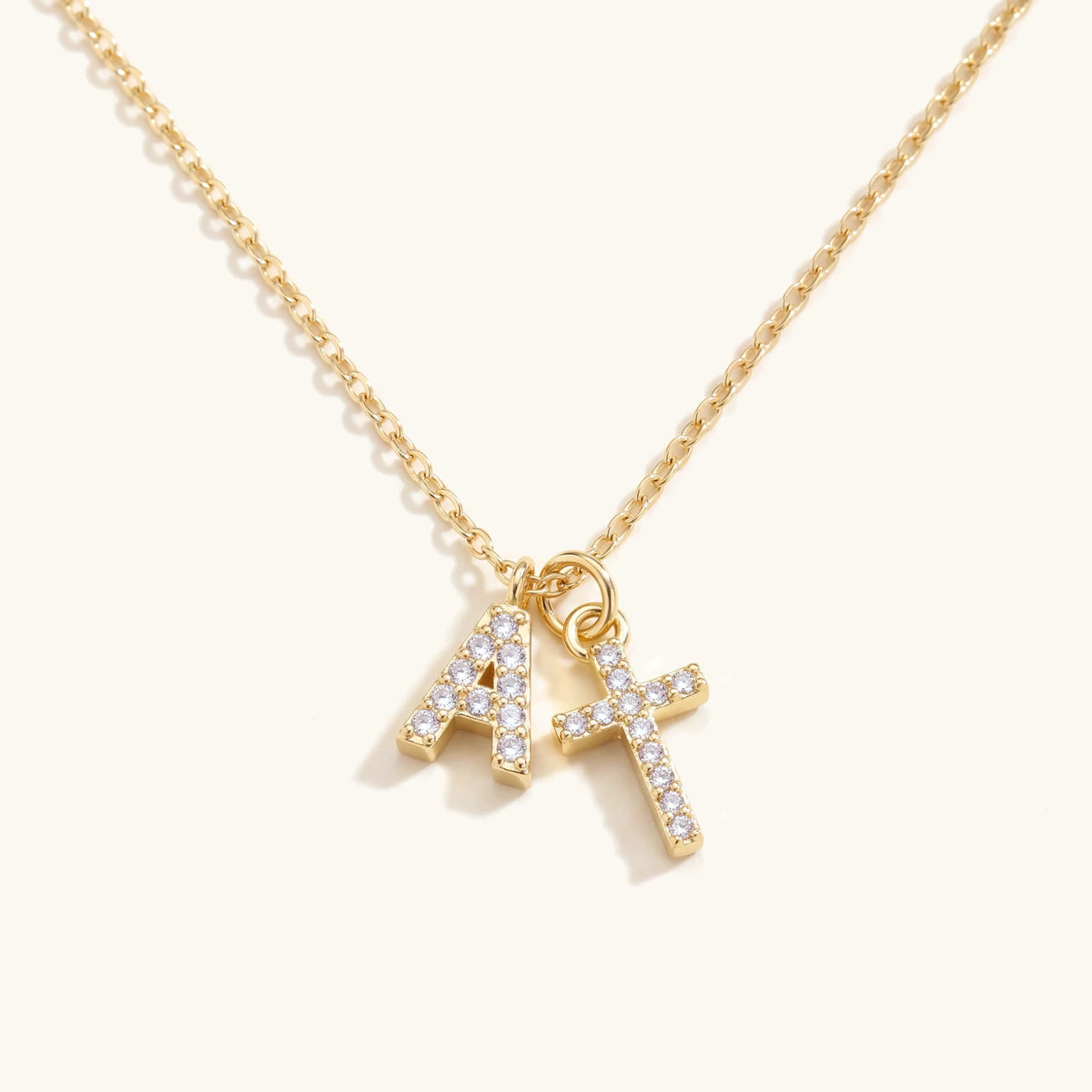 Dainty Diamond Initial & Cross Necklace – pavé gold initial and cross charms on a fine chain