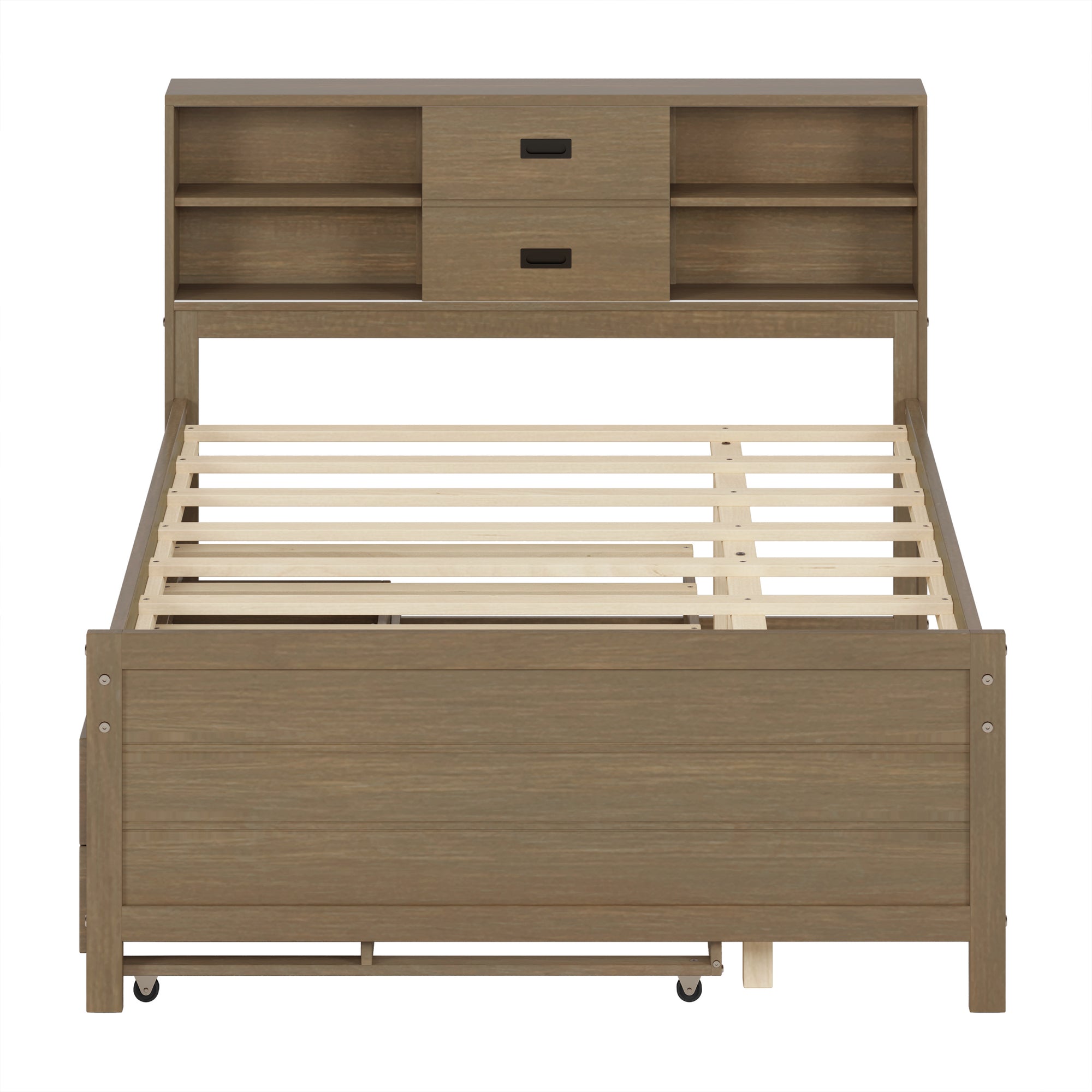 Walnut Finish Full Wooden Bed Frame with Trundle, Drawers, and Storage Headboard